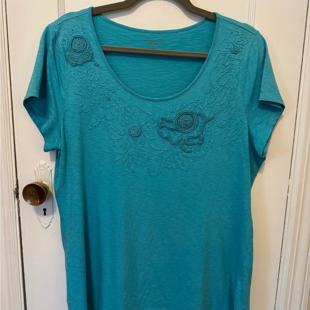 Coldwater Creek Vibrant Turquoise Blue Tee with Short Sleeves